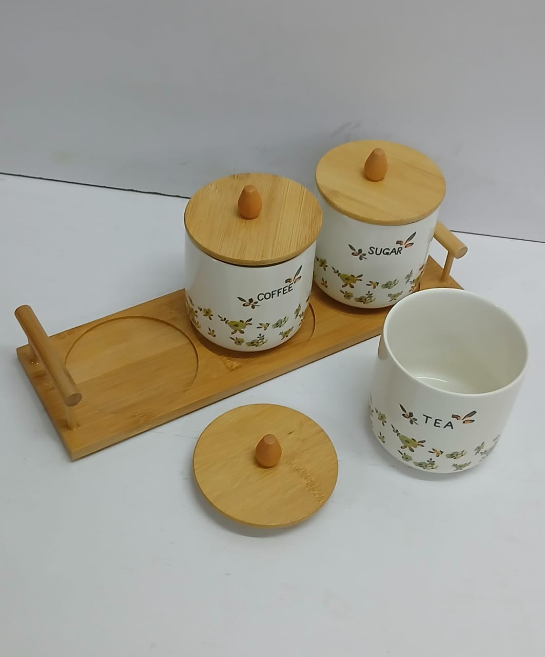 Ceramic Tea, Coffee, Sugar Canisters – White Set with Bamboo Lids and Tray