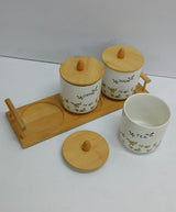 Ceramic Tea, Coffee, Sugar Canisters – White Set with Bamboo Lids and Tray