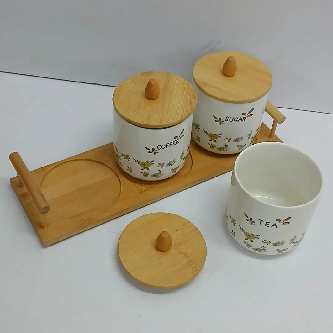 Ceramic Tea, Coffee, Sugar Canisters – White Set with Bamboo Lids and Tray food storage containers Food Storage Containers