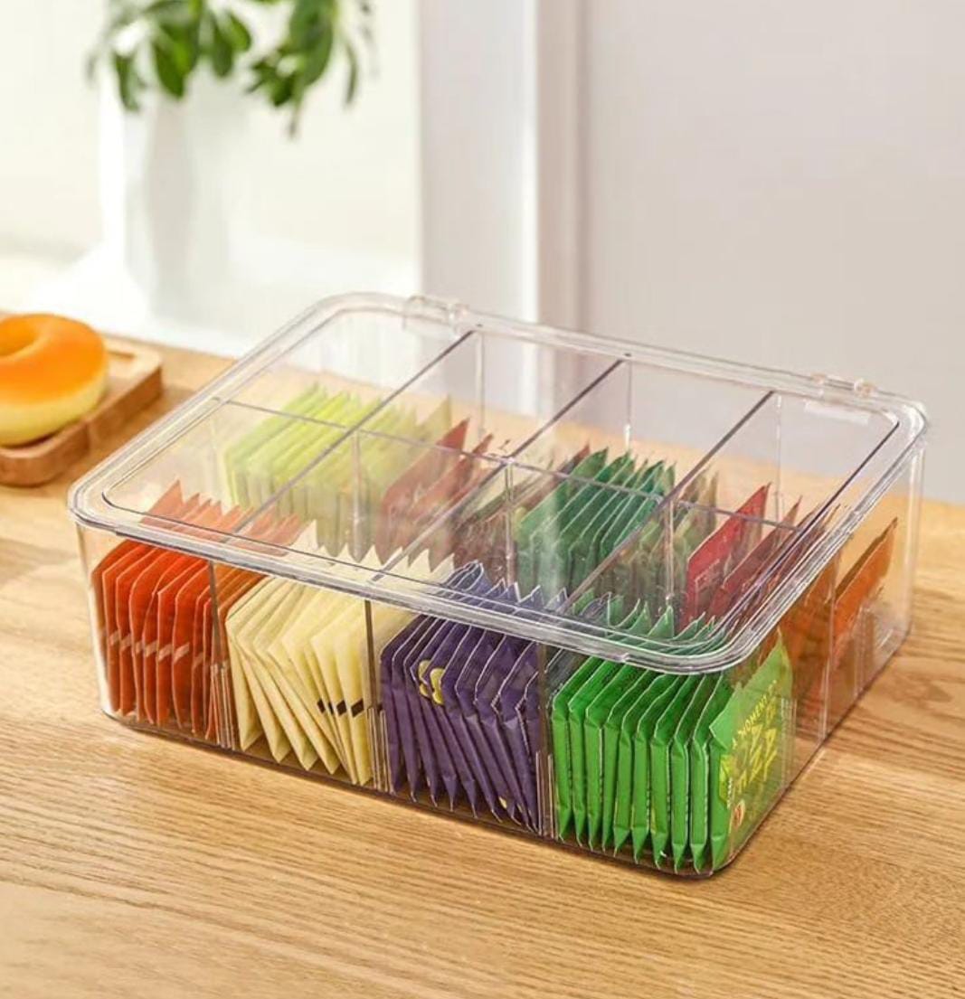 Acrylic Tea Bag and Coffee Organizer – 8-Compartment Stackable Box with Removable Dividers