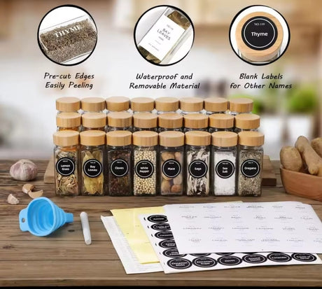 12pc Premium Thick Glass Spice Jar Set – 120ml with Bamboo Lids, Stickers, Funnel & Pen- Furaha Finds Kenya