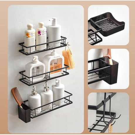 8pc Bathroom Organizer Set Matte Black Wall Mounted Storage with Hooks & Holders