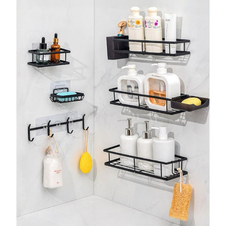 8pc Bathroom Organizer Set Matte Black Wall Mounted Storage with Hooks & Holders