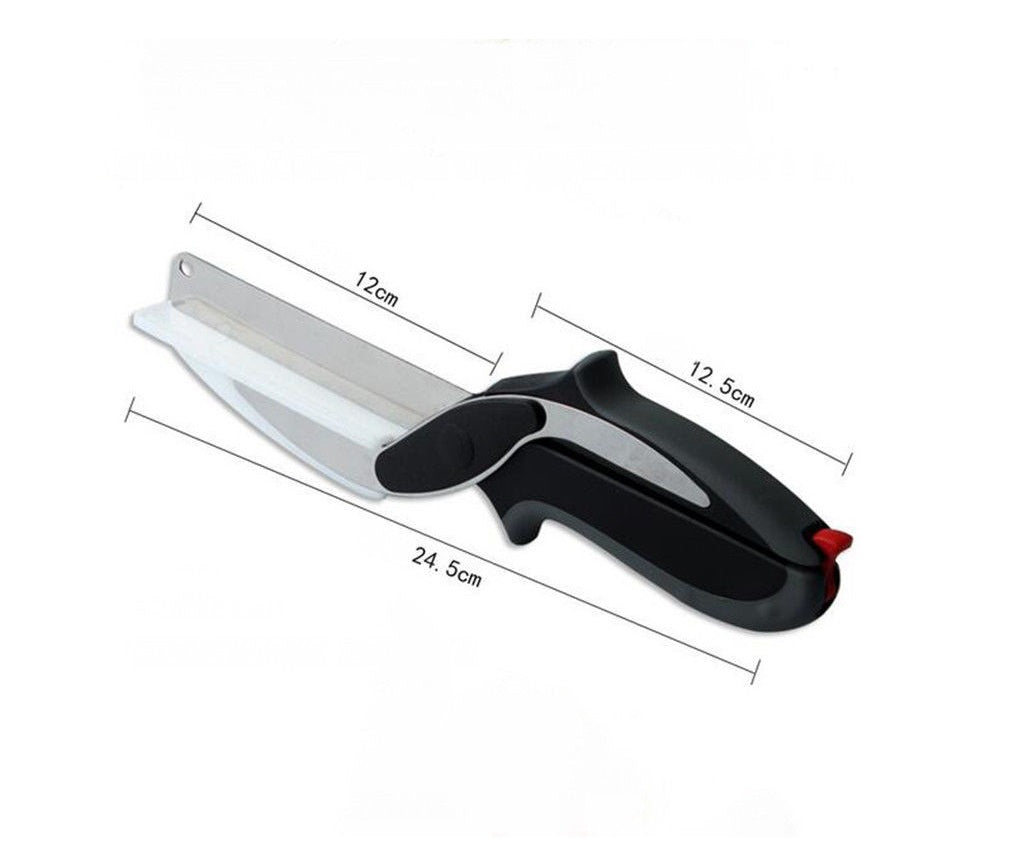 2in1 Clever Food Chopper Cutter Smart Stainless Steel Knife with Built in Cutting Board Chops Fruits, Vegetables & Meat.