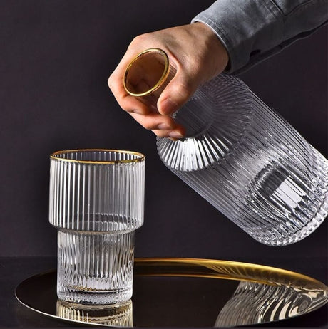 6-Piece Ribbed Glasses with Gold Rim & Matching Decanter – Elegant Drinkware Set- Furaha Finds Kenya