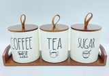 3 Piece Ceramic Canister Set with Airtight Lids and Bamboo Tray