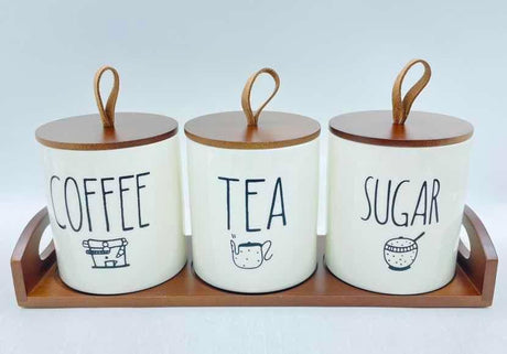 3 Piece Ceramic Canister Set with Airtight Lids and Bamboo Tray