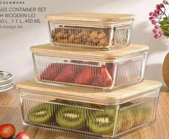 3pc Ribbed Glass Food Storage Containers with Airtight Bamboo Lids – 350ml, 800ml, 1600ml- Furaha Finds Kenya