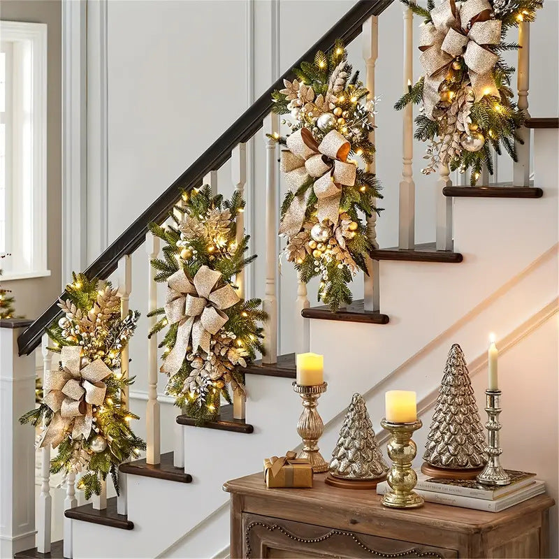 Christmas Staircase Wreath Decoration – 45×20cm Festive PVC Ornament with Bows & Pine Cones