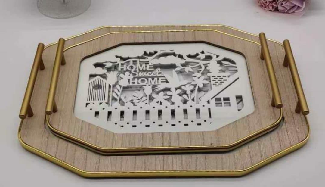 Nordic Decorative Rectangular Tray Set – 2-Piece Wood and Glass Trays (40×30cm & 33×24cm)