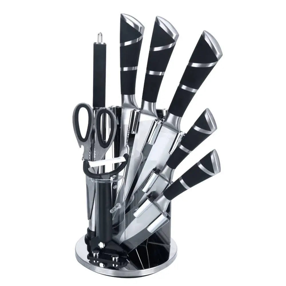 9pcs Unique Stainless Steel Knife Set with Acrylic Stand Ideal for Slicing Dicing & Chopping