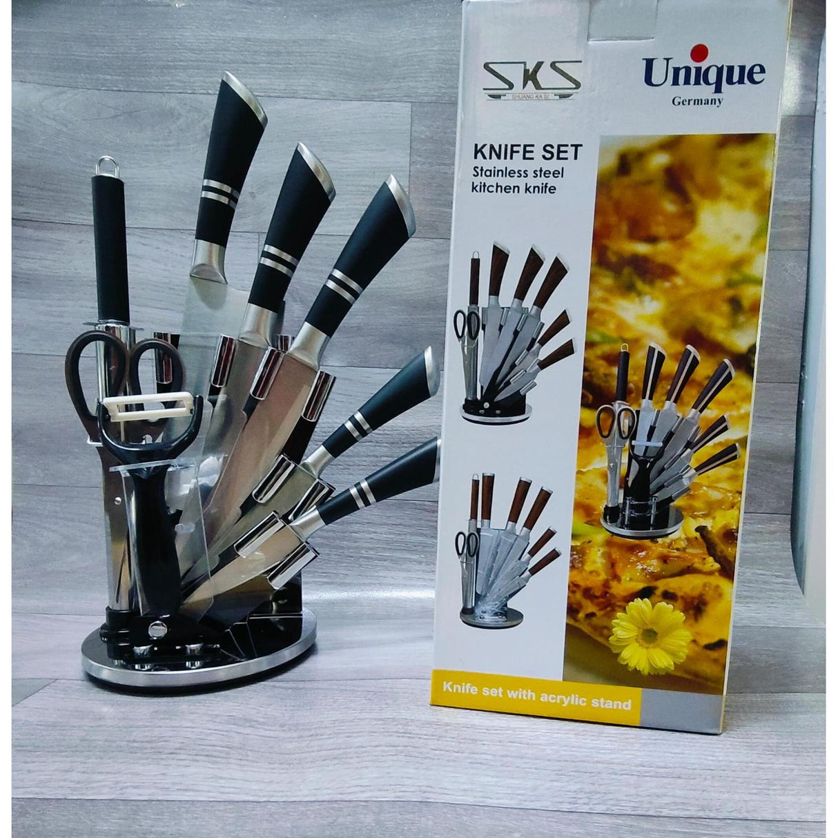 9pcs Unique Stainless Steel Knife Set with Acrylic Stand Ideal for Slicing Dicing & Chopping