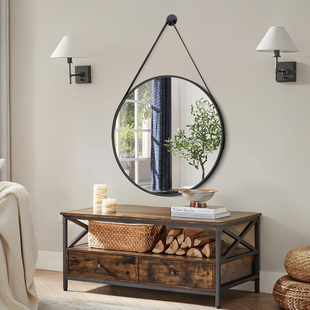 Round Hanging Mirror with Strap  Decorative Wall Mirror 60cm Nordic Style