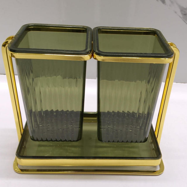 Acrylic Cutlery Drainer Tray 2 Slot Design with Golden Metal Stand Stylish & Functional Kitchen Sink Organizer.