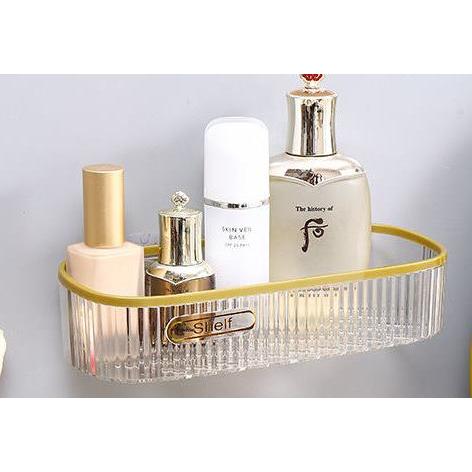 Acrylic Punch Free Bathroom Shelf | Adhesive Sticker | Multipurpose Organizer for Shower Gel or Kitchen | Green, Clear, Gold