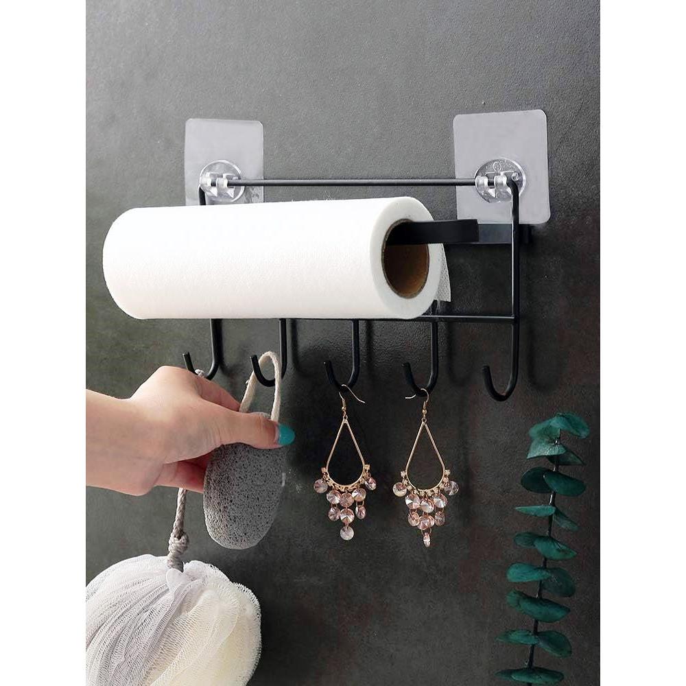 Adhesive Wall Mounted Tissue Holder – Black, No Drilling Organizer for Kitchen & Bathroom | Multifunction