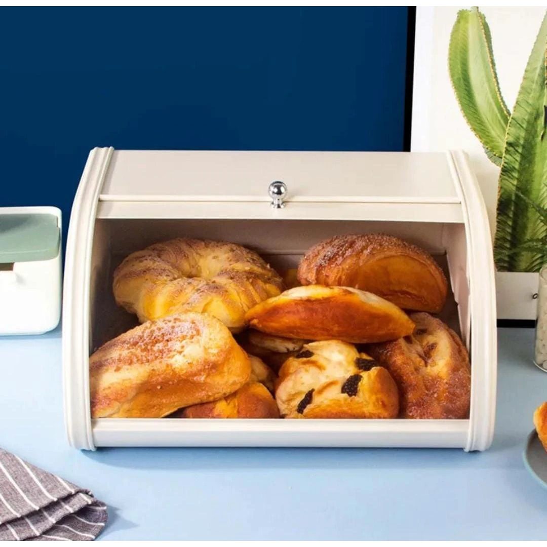 Alloy Bread Bin with Roll Lid | Kitchen Counter Storage Container for Pastries - Black & Off White - 30x26x17cm Kitchen Storage Kitchen Cabinet Organizers
