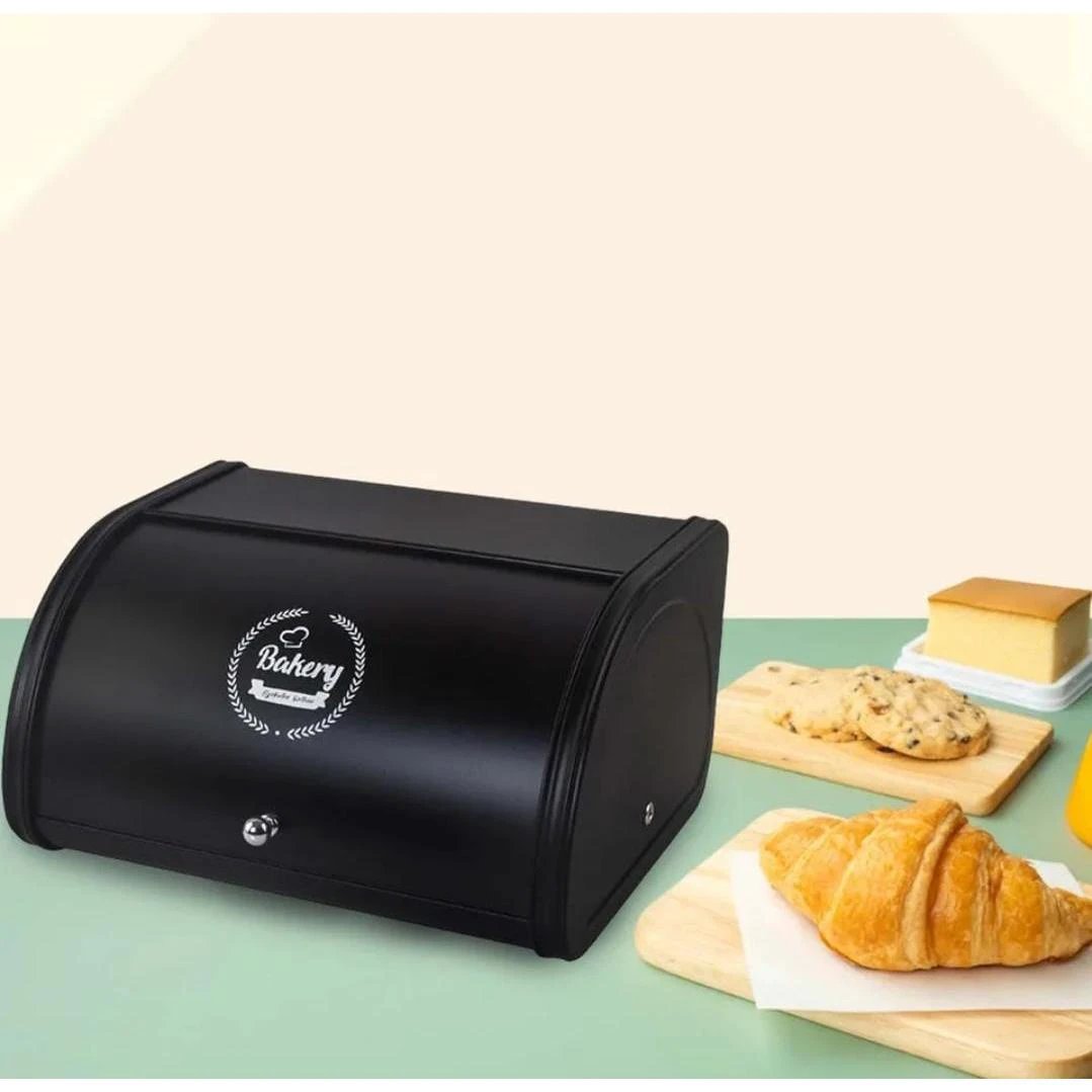 Alloy Bread Bin with Roll Lid | Kitchen Counter Storage Container for Pastries - Black & Off White - 30x26x17cm Kitchen Storage Kitchen Cabinet Organizers