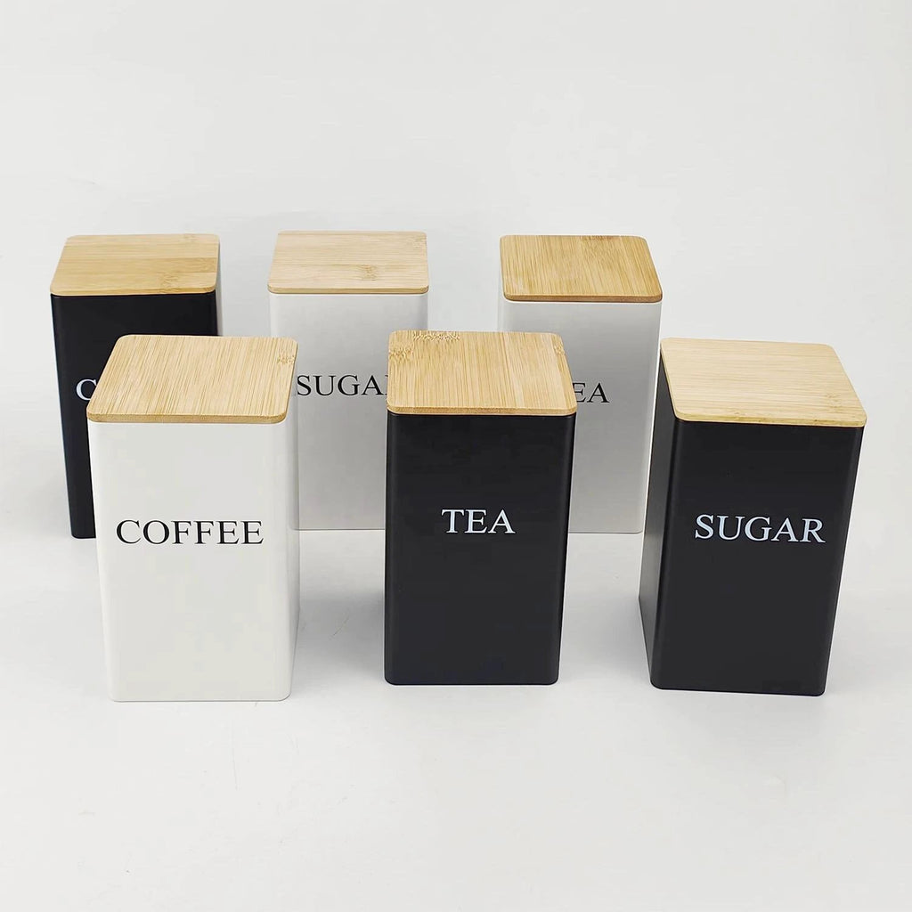 Alloy Canisters Set with Bamboo Holder | Tea, Coffee, Sugar Storage Storage Containers Kitchen Organizers