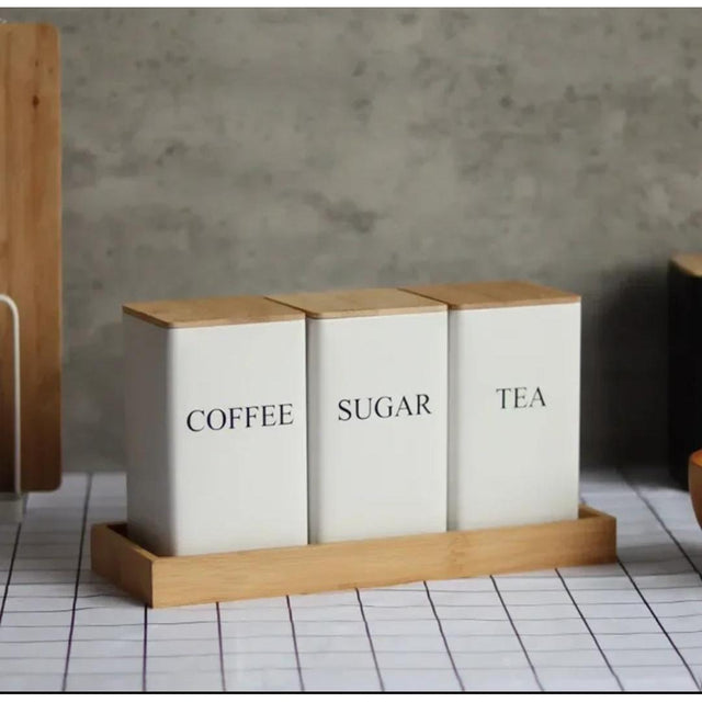 Alloy Canisters Set with Bamboo Holder | Tea, Coffee, Sugar Storage
