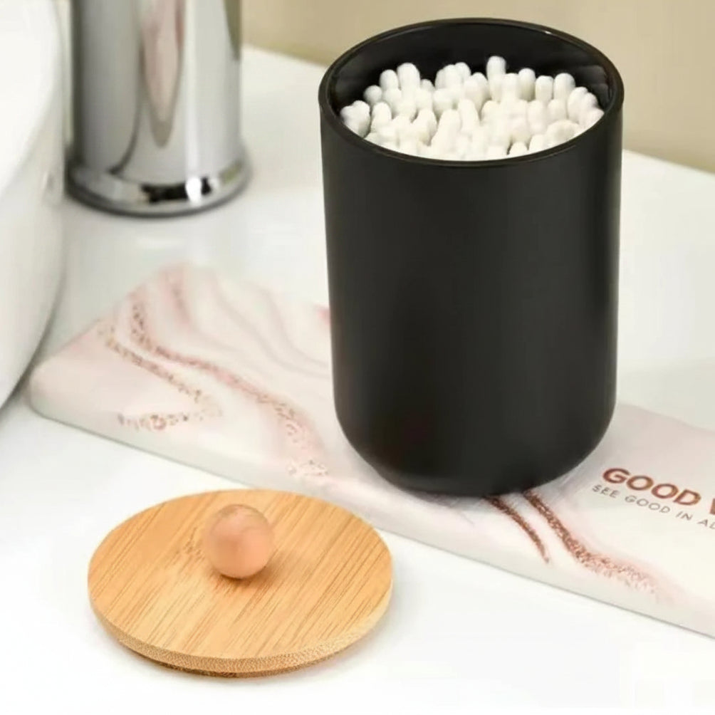 Alloy Swab Storage Container with Bamboo Lid – Multipurpose Organizer (9cm Height, Black) Storage Containers Household Storage Containers