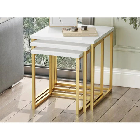Amani Nesting Coffee Tables 3 Piece Set | Laminated Board Tops with Gold Lacquered Steel Base