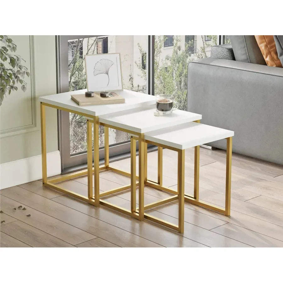 Amani Nesting Coffee Tables 3 Piece Set | Laminated Board Tops with Gold Lacquered Steel Base