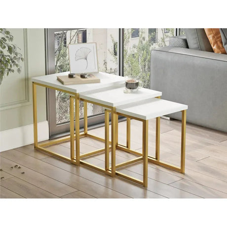 Amani Nesting Coffee Tables 3 Piece Set | Laminated Board Tops with Gold Lacquered Steel Base