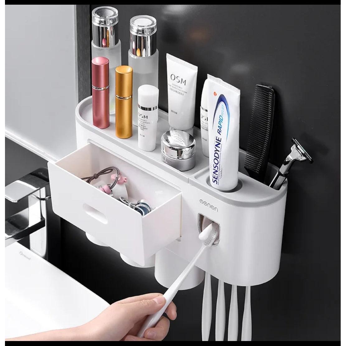 Automatic Toothpaste Dispenser – Wall-Mounted, Punch-Free Installation with Magnetic Suction & Multi-Functional Storage (Grey, Peach, Blue)