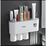 Automatic Toothpaste Dispenser – Wall-Mounted, Punch-Free Installation with Magnetic Suction & Multi-Functional Storage (Grey, Peach, Blue)