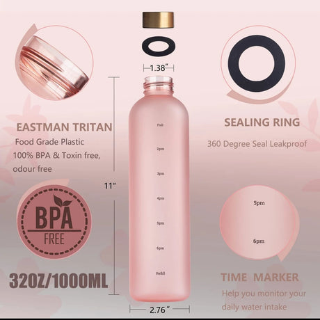 BPA Free Portable 1000ml Frosted Transparent Plastic Water Bottle with Time Scale | Large Capacity Sports & Leak Proof Rubber Outdoor Water Bottle