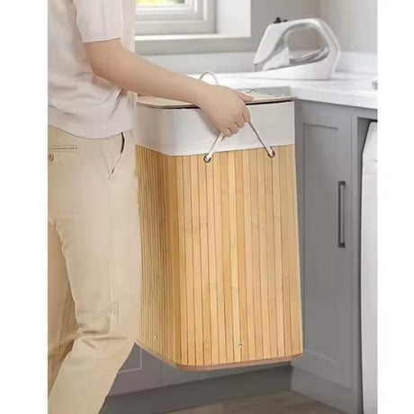 Bamboo Laundry Basket Foldable Hamper with Lid–50x30x40cm