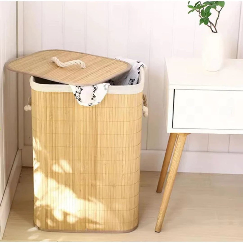 Bamboo Laundry Basket Foldable Hamper with Lid–50x30x40cm Laundry Baskets