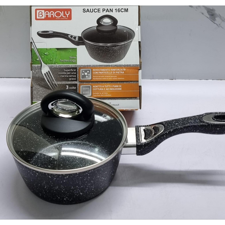 Baroly German Brand Granite Sauce Pan with Lid Heavy Duty Non Stick 20cm Black Cookware.