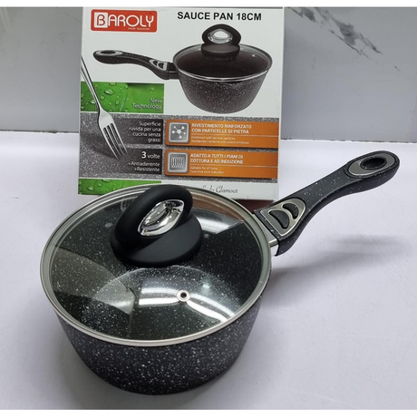 Baroly German Brand Granite Sauce Pan with Lid Heavy Duty Non Stick 20cm Black Cookware.