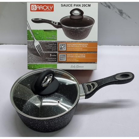 Baroly German Brand Granite Sauce Pan with Lid Heavy Duty Non Stick 20cm Black Cookware.