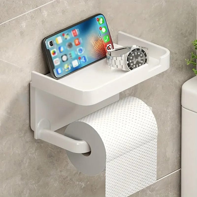Bathroom Tissue Paper Holder with Phone Shelf Wall Mounted Non Perforated Storage Rack.