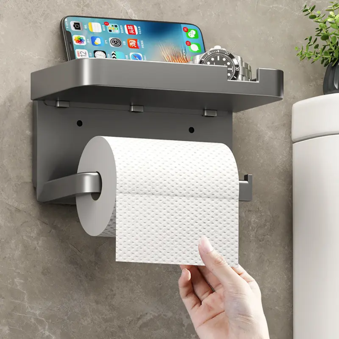 Bathroom Tissue Paper Holder with Phone Shelf Wall Mounted Non Perforated Storage Rack.