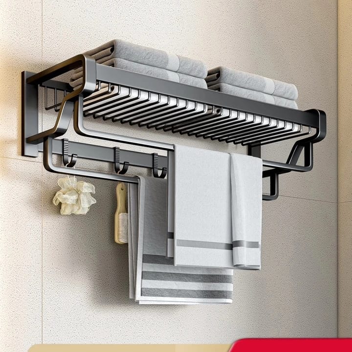 Bathroom Wall Mounted Towel Rack Accessory with Hooks
