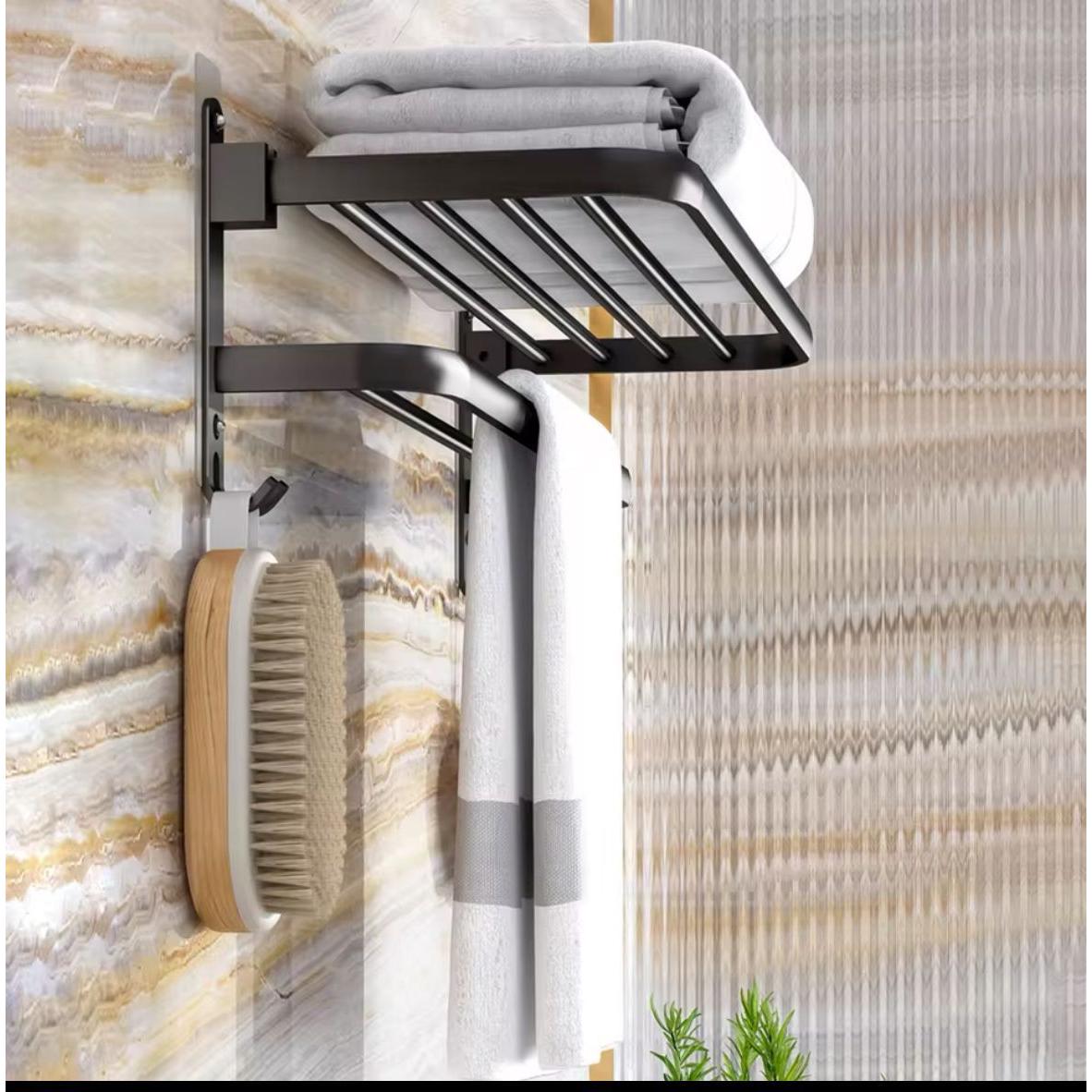 Black Heavy Aluminum Double Layer Towel Rack 60cm Foldable Shelf, Non Drilling or Drilling Option for Bathroom