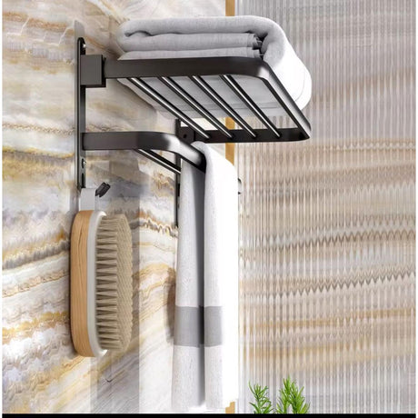 Black Heavy Aluminum Double Layer Towel Rack 60cm Foldable Shelf, Non Drilling or Drilling Option for Bathroom