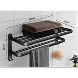 Black Heavy Aluminum Double Layer Towel Rack 60cm Foldable Shelf, Non Drilling or Drilling Option for Bathroom