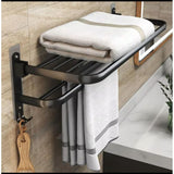 Black Heavy Aluminum Double Layer Towel Rack 60cm Foldable Shelf, Non Drilling or Drilling Option for Bathroom