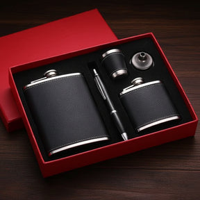 Black Leather-Covered Whiskey Flasks Gift Set | Includes 2 Flasks, Pen, Glass & Funnel Accessories Flasks