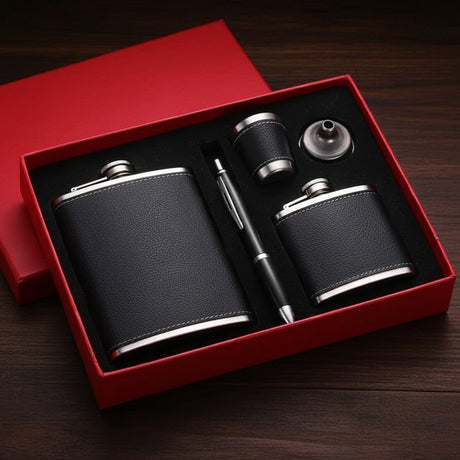 Black Leather-Covered Whiskey Flasks Gift Set | Includes 2 Flasks, Pen, Glass & Funnel Accessories Flasks