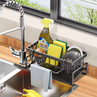 Black Metallic Sink Caddy – Auto-Drain Organizer with Towel Hook | 23x10.7x9.4cm Sink Caddy Sink Caddies