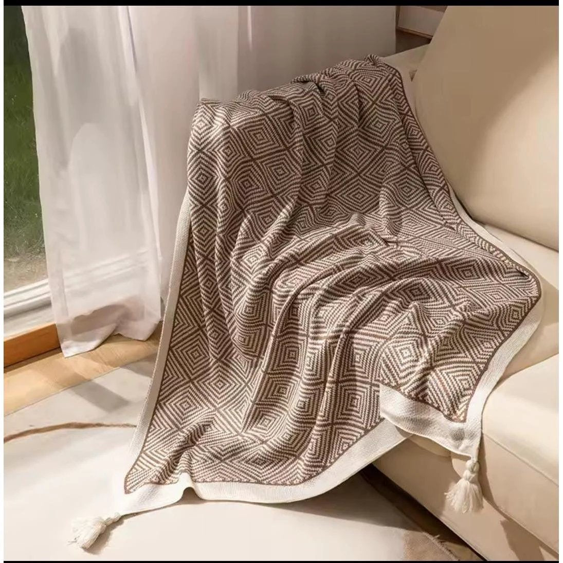 Bohemian Knitted Throw Blanket with Tassels – 150x200cm | Soft Sofa & Bed Cover Throw Blanket Blankets