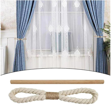 Boho Curtain Tiebacks 2 Pcs Rustic Cotton Jute Rope with Wood Club