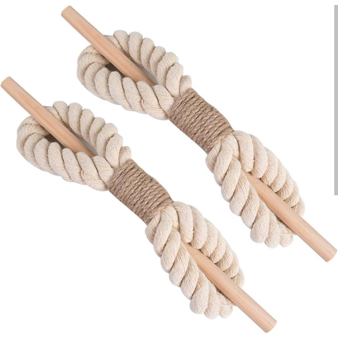 Boho Curtain Tiebacks 2 Pcs Rustic Cotton Jute Rope with Wood Club