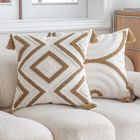 Boho Throw Pillow Covers with Tassels Geometric Tufted Cotton Sail Cushion for Sofa & Bedroom Decor.